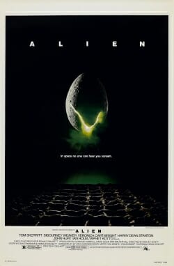 A large egg-shaped object that is cracked and emits a yellow-ish light hovers in mid-air against a black background and above a waffle-like floor. The title "ALIEN" appears in block letters above the egg, and just below it, the tagline appears in smaller type: "In space no one can hear you scream."
